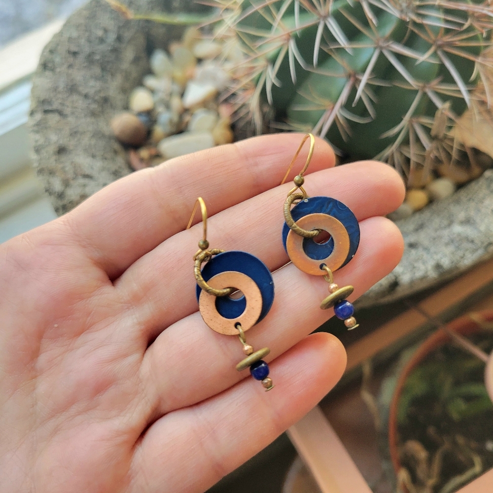 Vintage Gold & Navy Dangle Drop Hanging Hook Geometric Boho Earrings - Picture 6 of 7